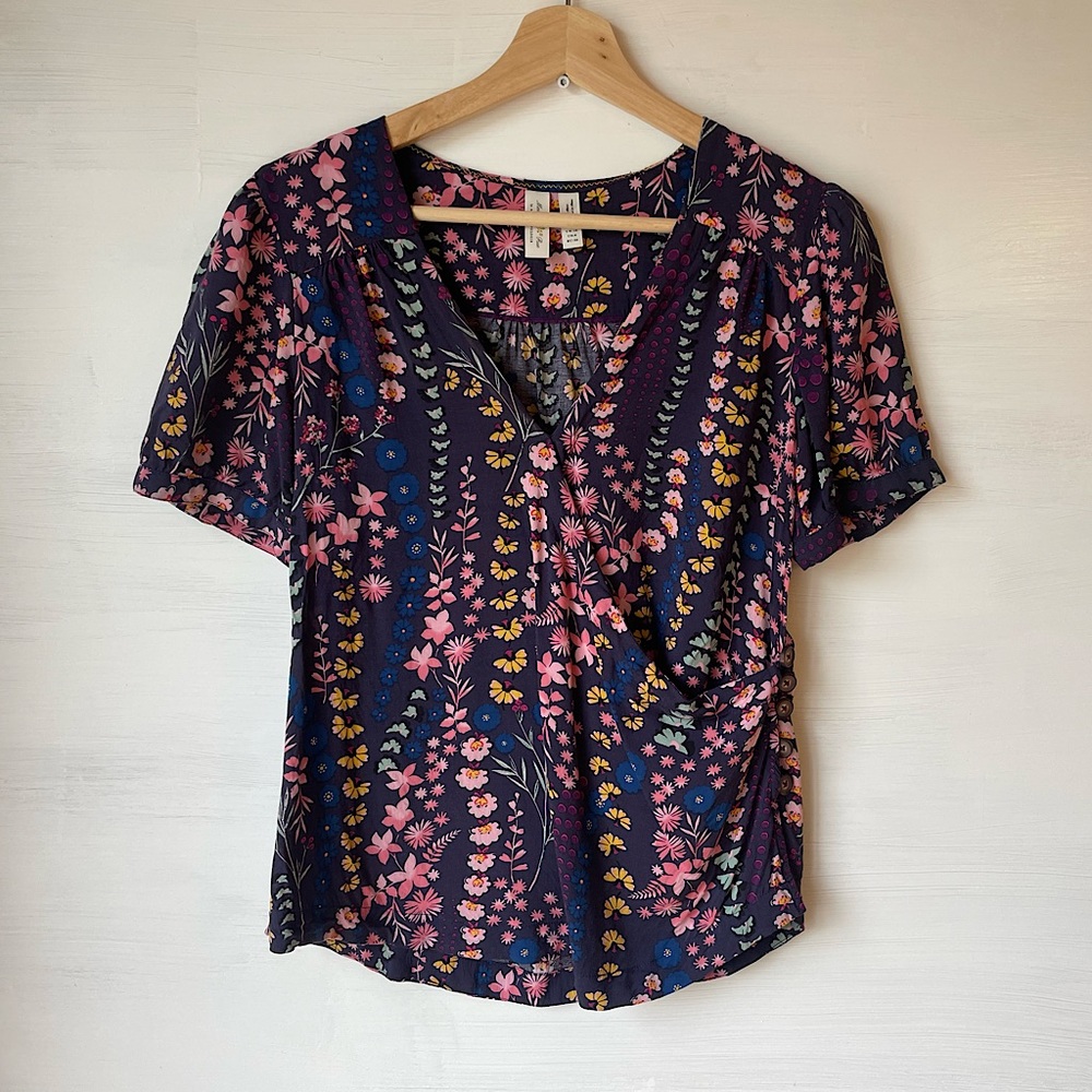 Anthropologie Meadow Rue Navy Blue Wrap Floral Blouse Size: 6